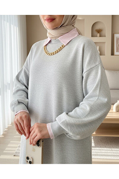 Modamorfo Düz Bisiklet Yaka Balon Kol Triko Tunik -Gri