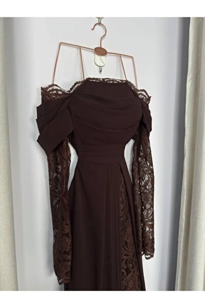 ADORA Brown georgette evening dress + original lace + lining