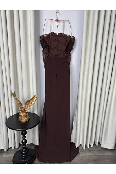 ADORA Brown georgette evening dress + original lace + lining