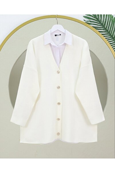 Modamorfo V-подібний комір на ґудзиках, оверсайз трикотажний кардиган - Екрю