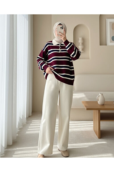 Modamorfo Polo Yaka Düğmeli Renkli Çizgili Triko Kazak -Bordo
