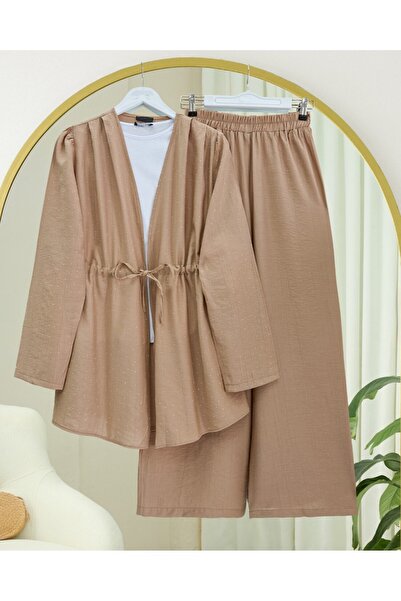 Modamorfo Kimono Suit with Tunnel Laces and Stoned Wide Leg Trousers - Mink