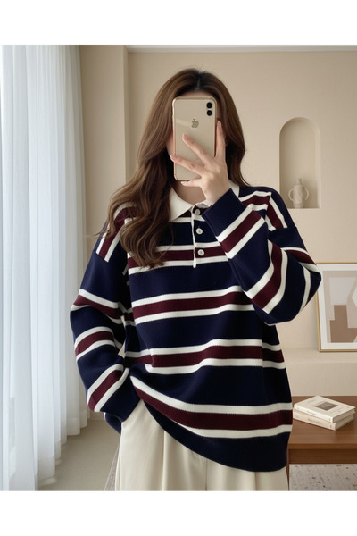 Modamorfo سترة تريكو مخططة ملونة بأزرار وياقة بولو - كحلي