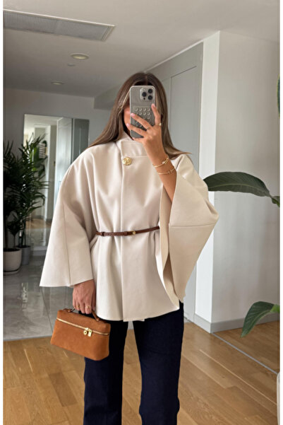 FEMMESTUDIO Women's Ecru Belted Gold Buttoned Cashmere Textured Poncho