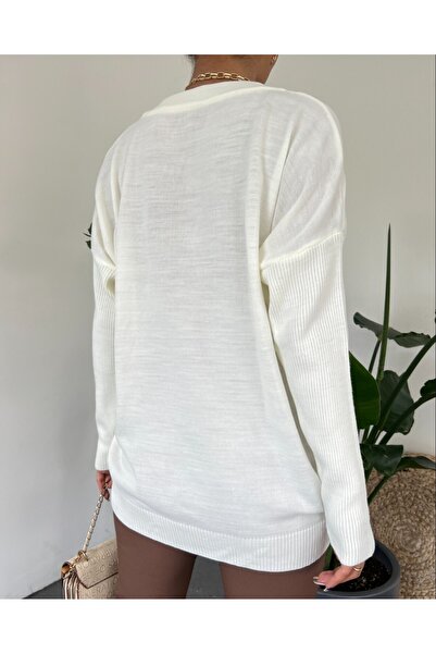 Modamorfo Round Neck Sleeve Ribbed Knitwear Sweater -Ecru