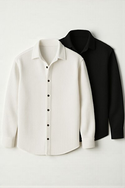 legends butik 2’li Erkek Fitilli Ottoman Uzun Kollu Gömlek Seti – Siyah Beyaz