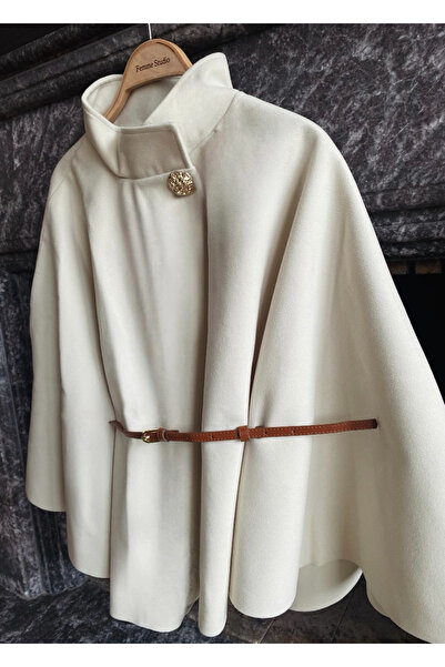 FEMMESTUDIO Women's Ecru Belted Gold Buttoned Cashmere Textured Poncho