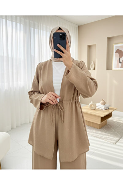 Modamorfo Kimono Suit with Tunnel Laces and Stoned Wide Leg Trousers - Mink