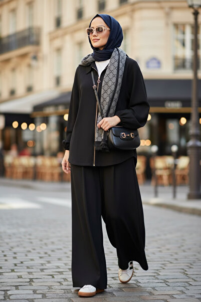 Aselim Hijap Moda Eleganza Palazzo Zippered Double Suit – Seasonal - Sizes 36-50 Black