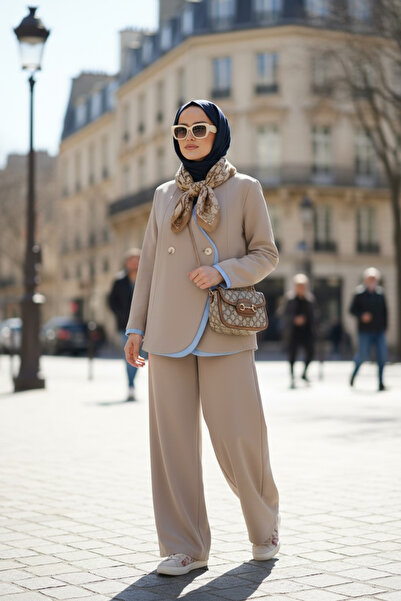 Aselim Hijap Moda Nora Women's Hijab Two-Piece Set with Jacket – Imported Crepe Fabric, Wide-Leg Pants - Beige