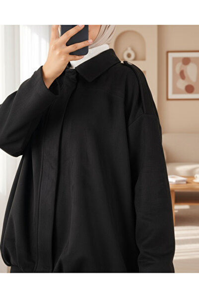 Modamorfo Jachetă din piele căptușită cu fermoar în față și epoleți pe umeri -Negru