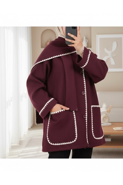 Modamorfo Buttoned Front Jacket with Scarf and Pockets - Burgundy