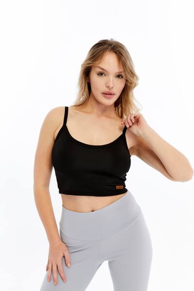 FHELIA Kadın Siyah Ip Askılı Likralı Basic Crop Perfect Fit Atlet Büstiyer