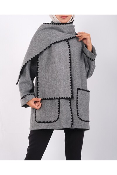 Modamorfo Buttoned Front Jacket with Scarf and Pockets - Gray