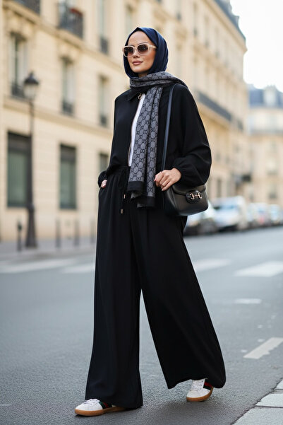 Aselim Hijap Moda Eleganza Palazzo Zippered Double Suit – Seasonal - Sizes 36-50 Black