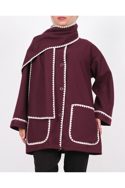 Modamorfo Buttoned Front Jacket with Scarf and Pockets - Burgundy