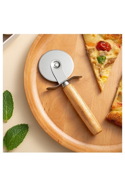 ZUZU MADE Bambu Saplı Paslanmaz Çelik Pizza Kesici Rulet Pizza Bıçağı Hamur Kesici Rulet 17 cm