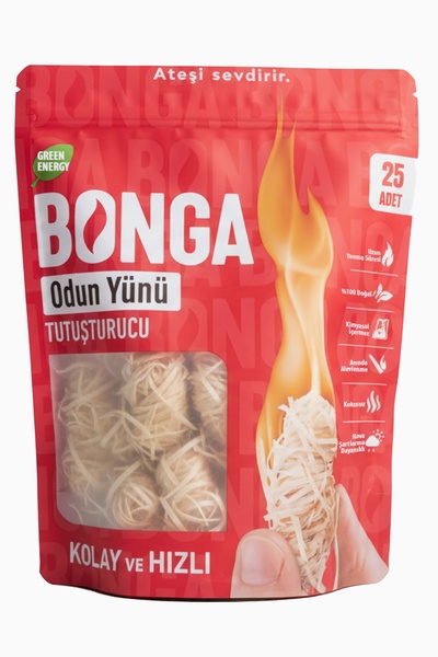 BONGA Ateş Tutuşturucu Şömine & Mangal 25 Adet 350 gr - Jel Ve Çıra Alternatifi Doğal Odun Yünü