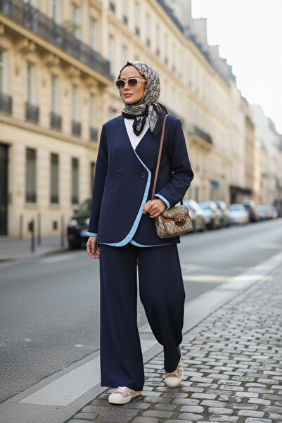 Aselim Hijap Moda Nora Women's Hijab Two-Piece Set with Jacket – Imported Crepe Fabric, Wide-Leg Pants - Navy Blue