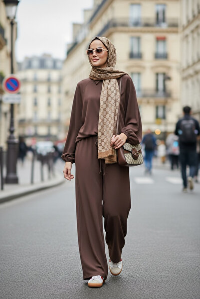 Aselim Hijap Moda Eleganza Palazzo Zippered Two-Piece Set – Seasonal - Size 36-50 Light Brown