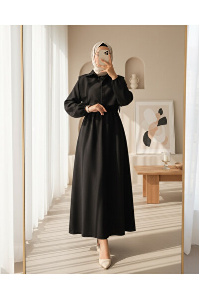 Modamorfo Dress with Shirt Detail and Elastic Waist -Black