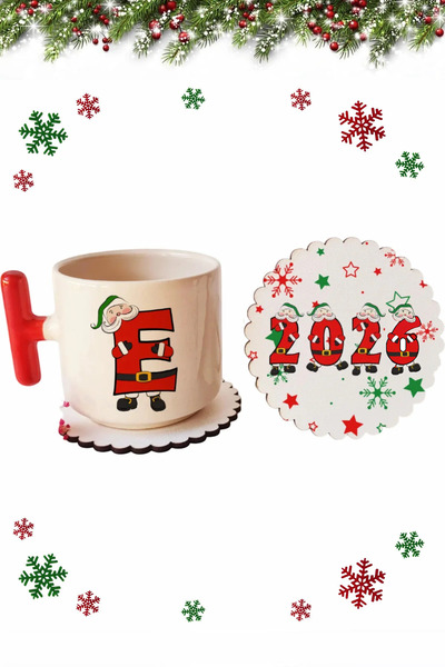 Öz Kupa Yeni Yıl Christmas Yılbaşı Özel Seri E Harfli Kırmızı T Kulp Lüks Fin...