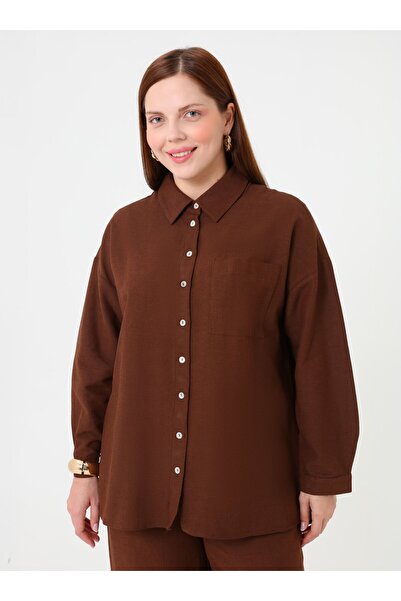 ALİA Shirt Pants Plus Size Double Set - Brown -