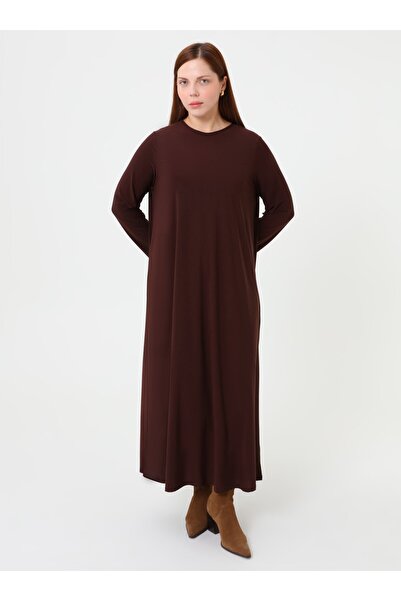 ALİA Plus Size Basic Dress - Brown -
