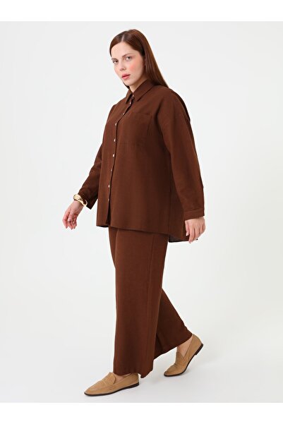 ALİA Shirt Pants Plus Size Double Set - Brown -