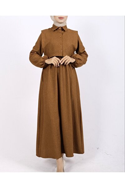 Modamorfo Dress with Shirt Detail, Sleeves and Elastic Waist - Tan