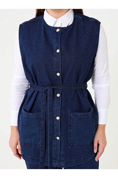 ALİA Denim Pocket Detailed Vest & Trousers Plus Size Set - Dark Navy Blue -