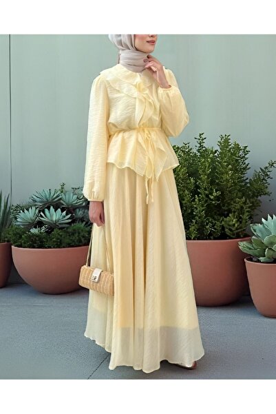 Modamorfo Buttoned Double Suit with Elastic Sleeves and Ruffle Rope Detail - Light Yellow