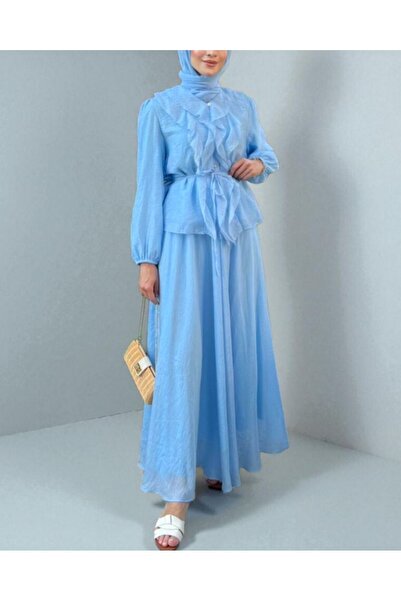 Modamorfo Buttoned Double Suit with Elastic Sleeves and Ruffle Rope Detail - Baby Blue
