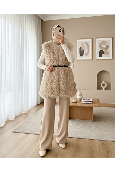 Modamorfo Belted Side Pocket Fur Lined Vest - Light Mink