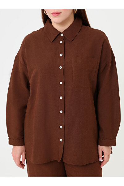ALİA Shirt Pants Plus Size Double Set - Brown -