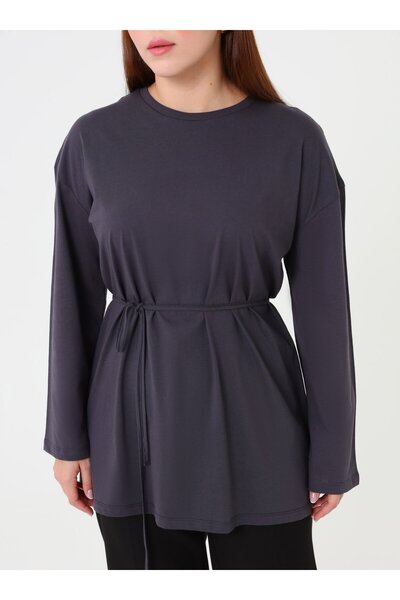 ALİA Basic Plus Size Tunic with Belt - Anthracite -