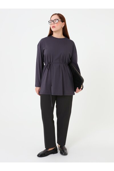 ALİA Basic Plus Size Tunic with Belt - Anthracite -