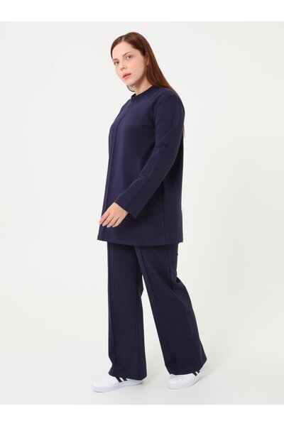 ALİA Ribbed Stitch Detail on the Front Tunic & Pants Sports Plus Size Set - Navy Blue -