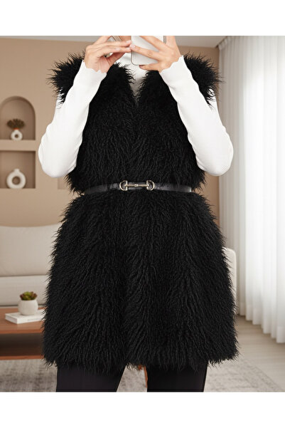 Modamorfo Belted Side Pocket Fur Lined Vest - Black