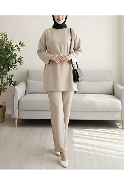 Modamorfo Round Neck Belted Waist Scuba Suit - Beige