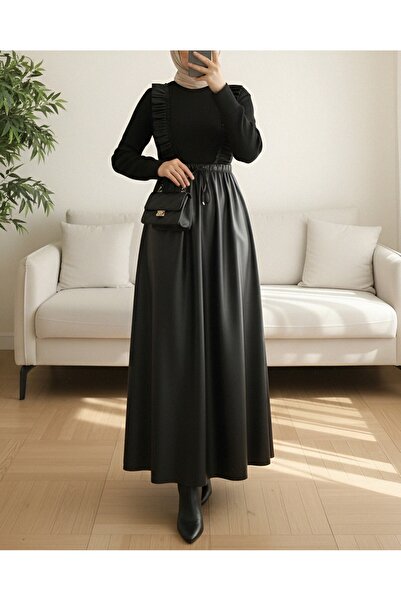 Modamorfo Top knit front ruffled leather dress -black