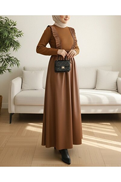 Modamorfo Top knit front ruffled leather dress - tan