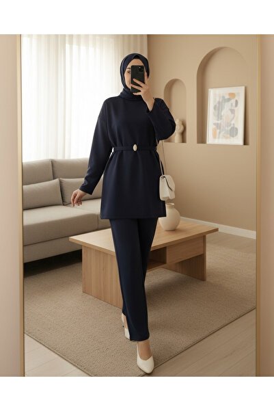 Modamorfo Round Neck Belted Waist Scuba Suit - Navy