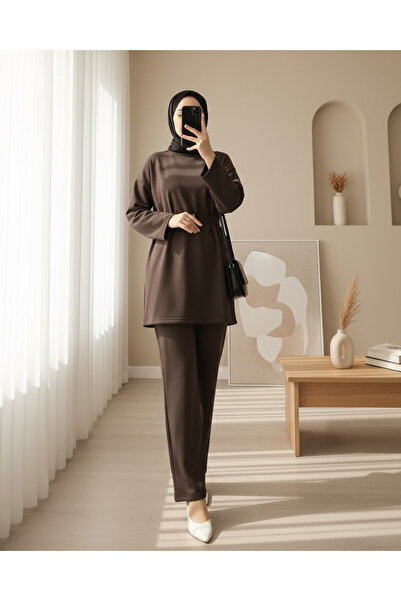 Modamorfo Round Neck Belted Scuba Suit -K. Brown