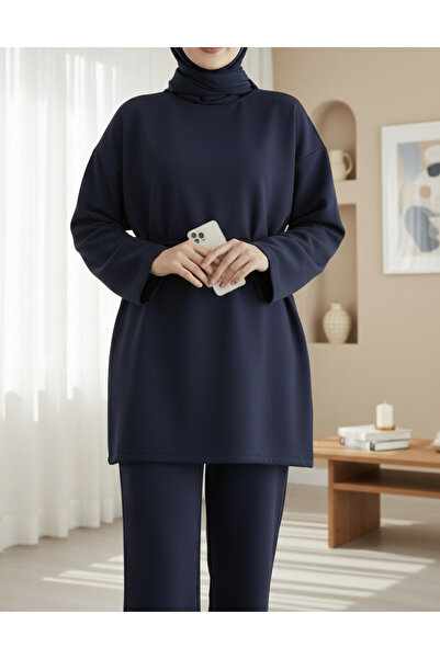 Modamorfo Round Neck Belted Waist Scuba Suit - Navy