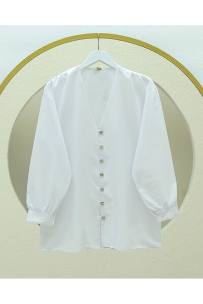 Modamorfo V-Neck Buttoned Poplin Shirt -White