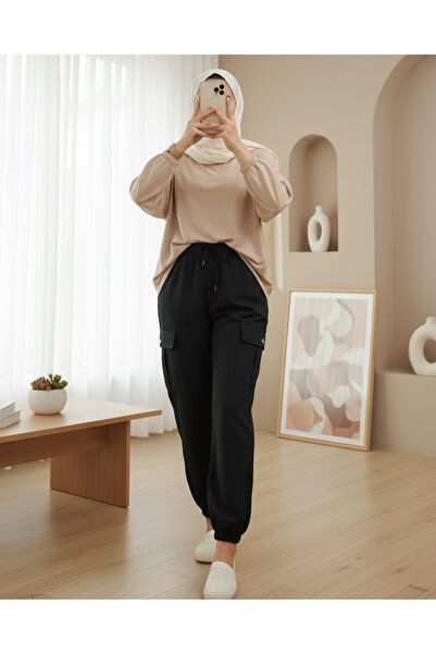 Modamorfo Elastic waist and leg lace-up cargo jeans - black