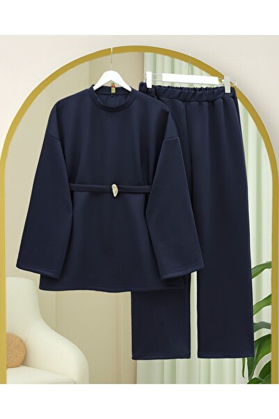 Modamorfo Round Neck Belted Waist Scuba Suit - Navy