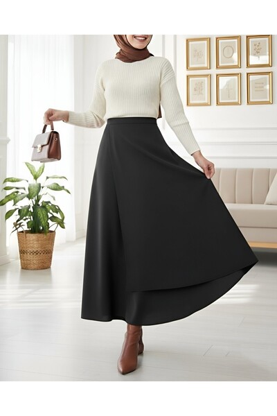 Modamorfo Cross-Front Double Layer Scuba Skirt - Black