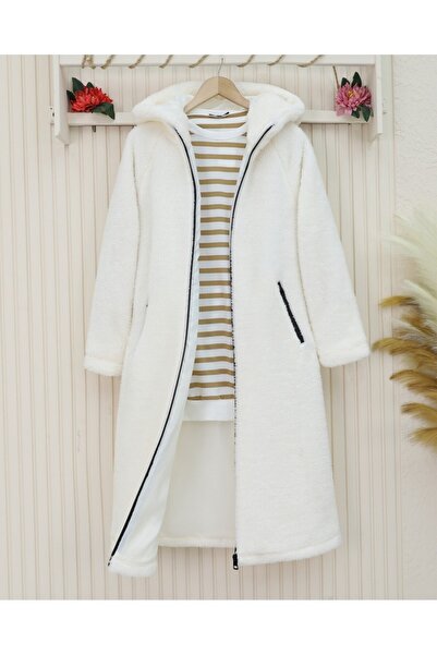 Modamorfo Winter Plush Coat - Hooded and Lined, Ecru
